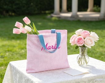 Bolso de mano para damas de honor, bolso de tela seersucker bordado con iniciales, para despedida de soltera, regalos personalizados.