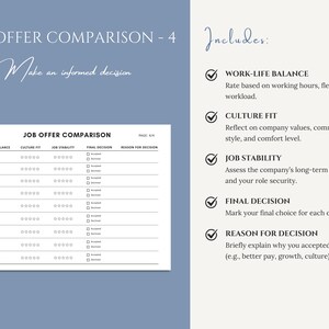 May include: A job offer comparison chart with the title "JOB OFFER COMPARISON - 4" and the text "Make an informed decision". The chart includes sections for work-life balance, culture fit, job stability, final decision, and reason for decision. The image also includes a list of what the chart includes.
