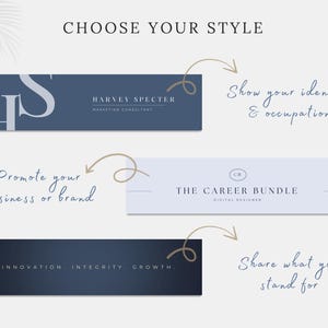 May include: An image with three rectangular designs in shades of blue. The top design features the text "HARVEY SPECTER MARKETING CONSULTANT". The middle design says "THE CAREER BUNDLE DIGITAL DESIGNER". The bottom design has the words "INNOVATION. INTEGRITY. GROWTH."
