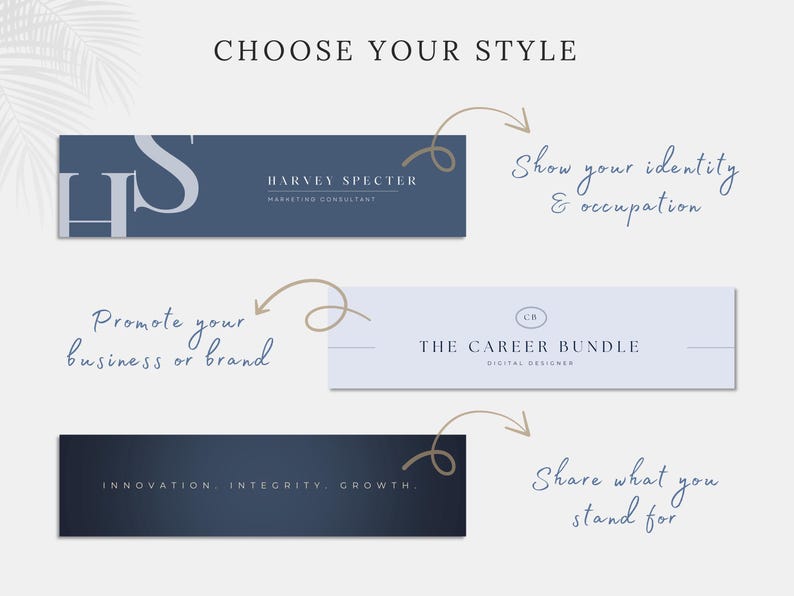May include: An image with three rectangular designs in shades of blue. The top design features the text "HARVEY SPECTER MARKETING CONSULTANT". The middle design says "THE CAREER BUNDLE DIGITAL DESIGNER". The bottom design has the words "INNOVATION. INTEGRITY. GROWTH."