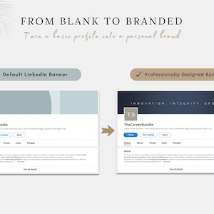 May include: Image comparing a default LinkedIn banner to a professionally designed one. The default banner is light blue, while the professional banner is dark blue with the words "Innovation, Integrity, Growth."