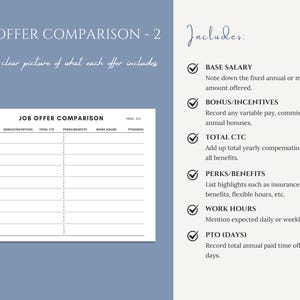 May include: A white job offer comparison chart with columns for base salary, bonuses, total compensation, perks, work hours, and PTO. The text "JOB OFFER COMPARISON - 2" is at the top, with a list of what to include in the comparison.