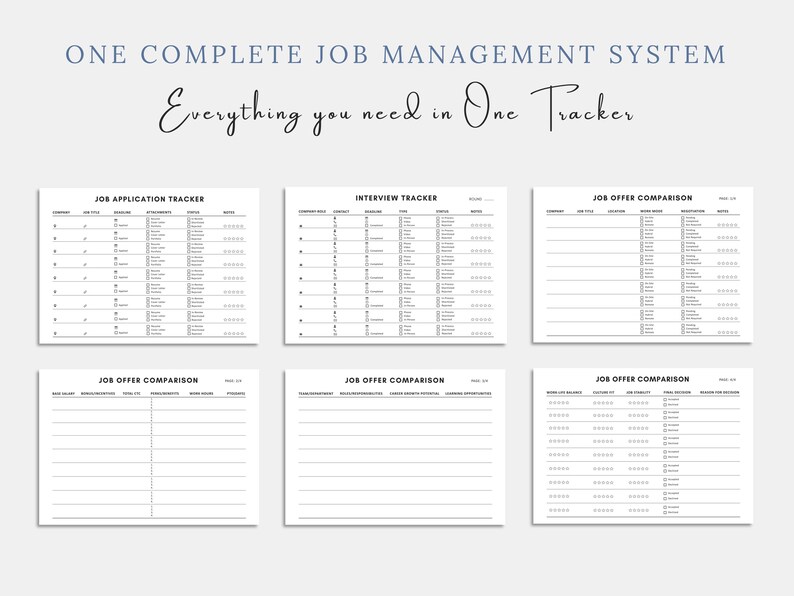 May include: A set of six white printable job management system templates. The templates include sections for job application tracking, interview tracking, and job offer comparison. The text "ONE COMPLETE JOB MANAGEMENT SYSTEM" and "Everything you need in One Tracker" are at the top.