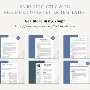 May include: A collection of resume and cover letter templates. The documents are displayed on a light background with blue and teal accents. The text "PAIRS PERFECTLY WITH RESUME & COVER LETTER TEMPLATES!" is at the top, with a shop link below.