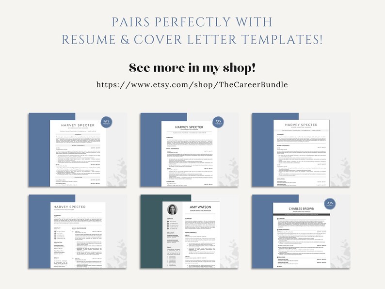 May include: A collection of resume and cover letter templates. The documents are displayed on a light background with blue and teal accents. The text "PAIRS PERFECTLY WITH RESUME & COVER LETTER TEMPLATES!" is at the top, with a shop link below.