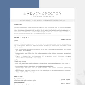 Puede incluir: Una plantilla de currículum vitae con el nombre "HARVEY SPECTER", Senior Marketing Manager. El documento incluye secciones para Resumen, Experiencia Laboral y Educación. El texto es negro sobre fondo blanco.