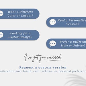 May include: Image with text prompts on a light background. Four blue ovals with white speech bubble icons ask about color, layout, custom design, style, and palette preferences. Text below reads "I've got you covered!" and "Request a custom version."
