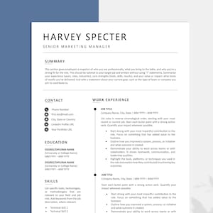 May include: A professional resume template with a clean, modern design. The document features sections for contact information, work experience, education, and skills. The name "HARVEY SPECTER" is prominently displayed at the top, with a blue and white color scheme.