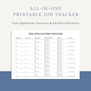 May include: A white printable job application tracker with a blue background. The tracker includes fields for company, job title, deadline, attachments, status, and notes. Text at the top reads "ALL-IN-ONE PRINTABLE JOB TRACKER".