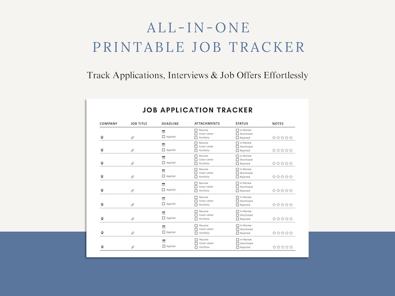 May include: A white printable job application tracker with a blue background. The tracker includes fields for company, job title, deadline, attachments, status, and notes. Text at the top reads "ALL-IN-ONE PRINTABLE JOB TRACKER".