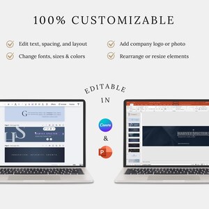 May include: Two laptops displaying customizable design templates. The text reads "100% CUSTOMIZABLE" and highlights features like editing text, adding logos, and changing fonts. Editable in Canva and PowerPoint.