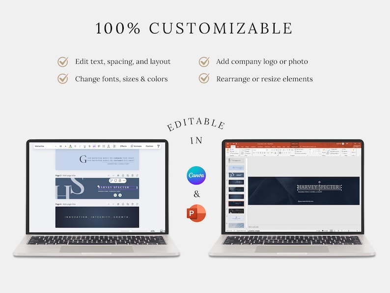May include: Two laptops displaying customizable design templates. The text reads "100% CUSTOMIZABLE" and highlights features like editing text, adding logos, and changing fonts. Editable in Canva and PowerPoint.
