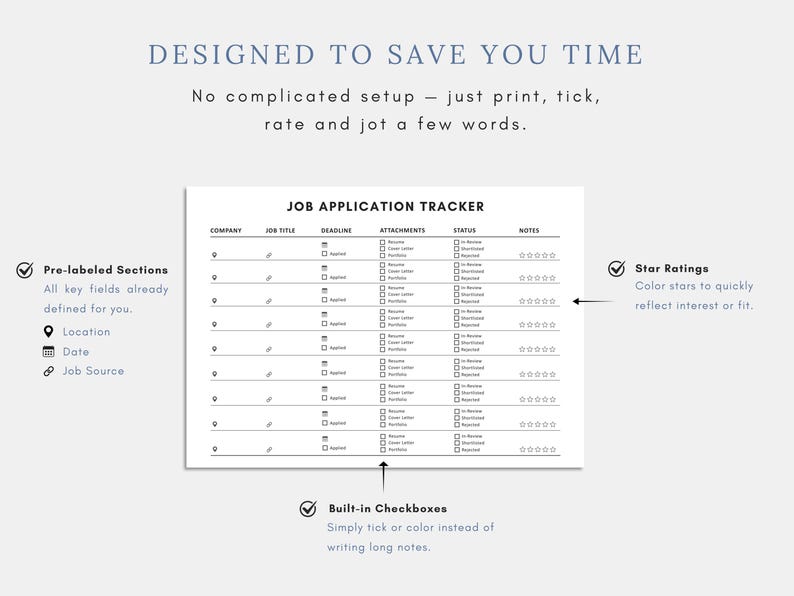 May include: A black and white job application tracker with pre-labeled sections, checkboxes, and star ratings. The text "DESIGNED TO SAVE YOU TIME" is at the top. The tracker includes fields for company, job title, deadline, attachments, status, and notes.