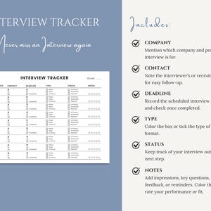 May include: An interview tracker with the text "INTERVIEW TRACKER" and "Never miss an Interview again." The tracker includes sections for company, contact, deadline, type, status, and notes. A list of instructions is on the right.