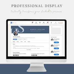 May include: A computer monitor displaying a LinkedIn profile page. The profile belongs to Harvey Specter, a marketing consultant. The screen shows the text "PROFESSIONAL DISPLAY" and "Instantly transforms your LinkedIn presence".