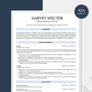 May include: A resume template with the name "Harvey Specter" and the title "Senior Marketing Manager." The document includes sections for summary, work experience, and education. The ATS-friendly design is in shades of blue and white.