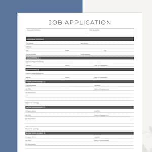 Peut inclure: Un formulaire de demande d'emploi vierge avec des sections pour les informations personnelles, l'éducation et l'expérience professionnelle. Le document est blanc avec du texte noir et des lignes grises, avec le titre "JOB APPLICATION" en haut.