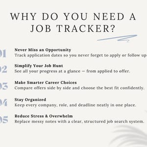 May include: A cream-colored graphic with the text "WHY DO YOU NEED A JOB TRACKER?" and numbered points. The points include "Never Miss an Opportunity" and "Simplify Your Job Hunt."