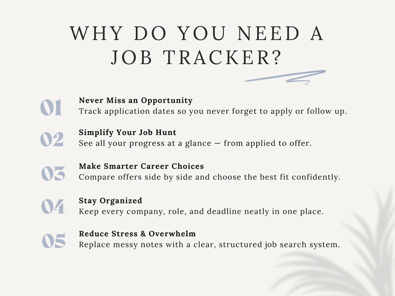 May include: A cream-colored graphic with the text "WHY DO YOU NEED A JOB TRACKER?" and numbered points. The points include "Never Miss an Opportunity" and "Simplify Your Job Hunt."