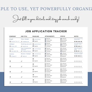 May include: A printable job application tracker with a clean, minimalist design. The document includes fields for company, job title, deadline, attachments, status, and notes. Text at the top reads "Simple to use, yet powerfully organized."
