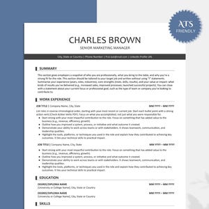 May include: A professional resume template with the name "Charles Brown" and the title "Senior Marketing Manager" at the top. The resume includes sections for summary, work experience, education, and skills. A blue "ATS Friendly" badge is in the upper right corner.