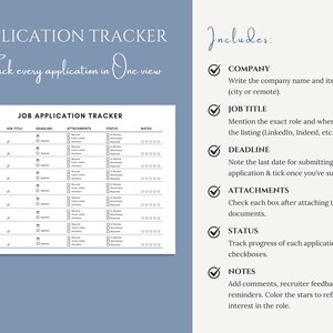 May include: A white Job Application Tracker with a blue background. The tracker includes sections for company, job title, deadline, attachments, status, and notes. Text on the right side explains how to use the tracker.