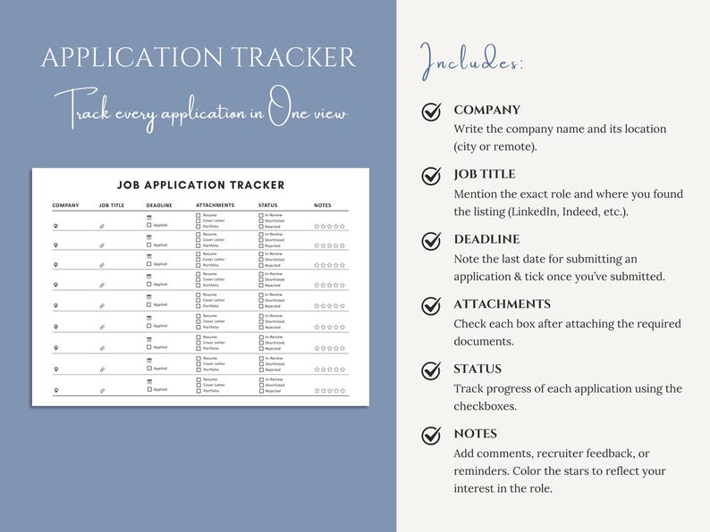 May include: A white Job Application Tracker with a blue background. The tracker includes sections for company, job title, deadline, attachments, status, and notes. Text on the right side explains how to use the tracker.