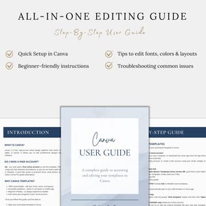 May include: A user guide titled "ALL-IN-ONE EDITING GUIDE" with the subtitle "Step-By-Step User Guide." The guide includes sections on Canva, with tips for editing fonts, colors, and layouts. The cover features the text "Canva USER GUIDE."