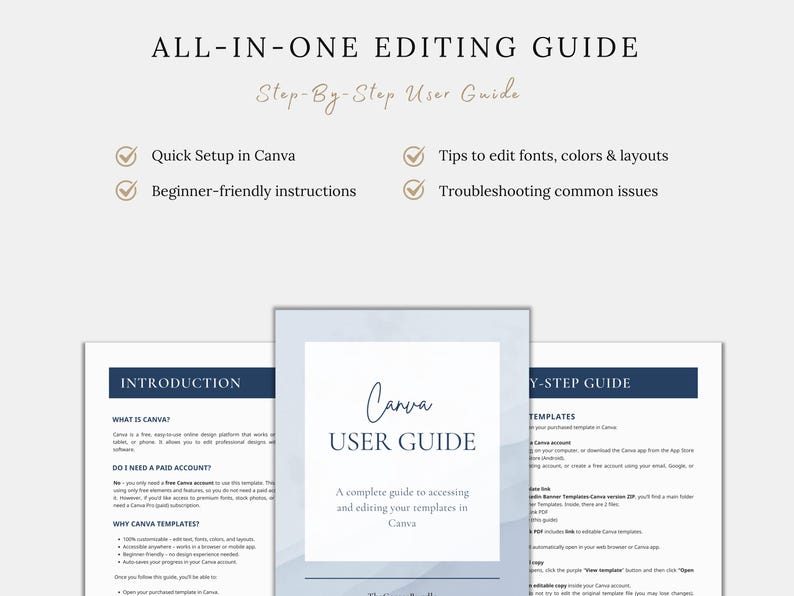 May include: A user guide titled "ALL-IN-ONE EDITING GUIDE" with the subtitle "Step-By-Step User Guide." The guide includes sections on Canva, with tips for editing fonts, colors, and layouts. The cover features the text "Canva USER GUIDE."