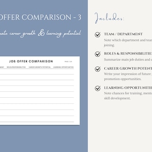 May include: A white Job Offer Comparison worksheet with the title "JOB OFFER COMPARISON - 3" and the subtitle "Evaluate career growth & learning potential". The worksheet includes sections for Team/Department, Roles/Responsibilities, Career Growth Potential, and Learning Opportunities.
