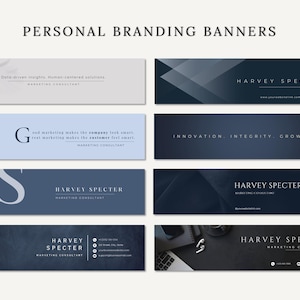 May include: A collection of personal branding banners in various shades of blue and gray. Each banner features text, including the name "Harvey Specter" and phrases like "Data-driven insights" and "Innovation, Integrity, Growth." The banners are designed for marketing consultants.