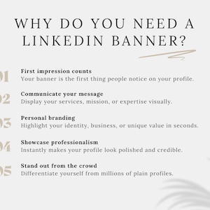 May include: A light beige graphic with the text "WHY DO YOU NEED A LINKEDIN BANNER?" and numbered points explaining the benefits of a LinkedIn banner, including first impressions and personal branding.