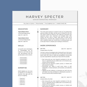 May include: A resume template with a clean, professional design. The header displays "HARVEY SPECTER, SENIOR MARKETING MANAGER." Sections include Education, Skills, Expertise, Summary, and Work Experience. The layout is primarily white with a blue border.