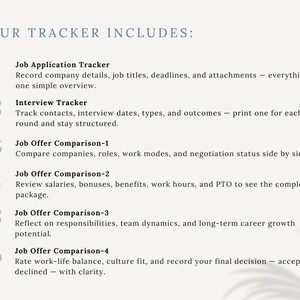 May include: A light beige graphic with the text "YOUR TRACKER INCLUDES:" and numbered sections for job application, interview, and job offer comparisons. The text describes tracking company details, interview dates, and comparing job offers.