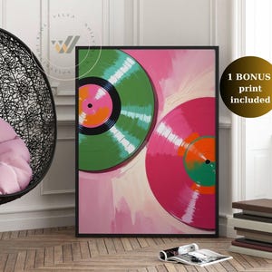 Póster de música retro con discos de vinilo, arte de pared, pintado al óleo, discos rosas y verdes, póster ecléctico, descarga digital moderna, decoración musical vintage.