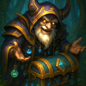 May include: An illustration of a wizard with glowing yellow eyes and a long white beard, wearing a purple robe with gold trim. He gestures towards a teal chest adorned with gold and blue gems, surrounded by glowing potion vials.