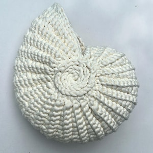 Op de afbeelding: Een crèmekleurig, met de hand gehaakt nautilusschelp-sculptuur. Het object heeft een dicht, spiraalvormig steekpatroon dat de natuurlijke kamers van een schelp nabootst, met een verhoogd middelpunt en uitstralende ribbels in het garen.