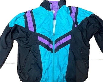 Vtg 80s LAVON Cheerful Corp Womens Black Purple Retro Jacket Windbreaker Large