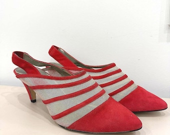 Vintage Lord & Taylor Red Mesh and Suede Slingback Heels Size 9B