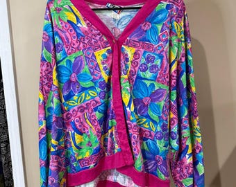 Suéter tipo cárdigan con estampado floral colorido de los años 80 y 90 para mujer, talla XL