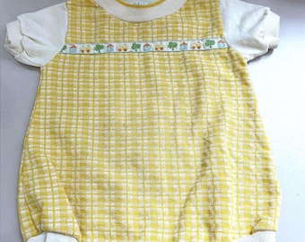 70s Vintage Yellow and White Baby Romper with Floral Trim 12 months