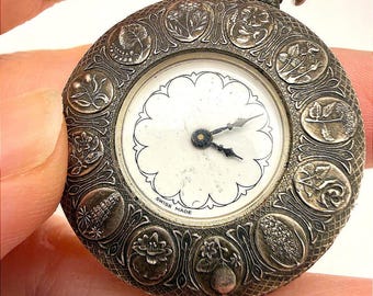 Vintage Buler Silver Bezel Pocket Watch Floral Design Swiss Made *untested*