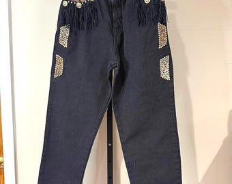 Robin Berry jaren 80 zwarte verfraaide broek met hoge taille 6 met franjedetails
