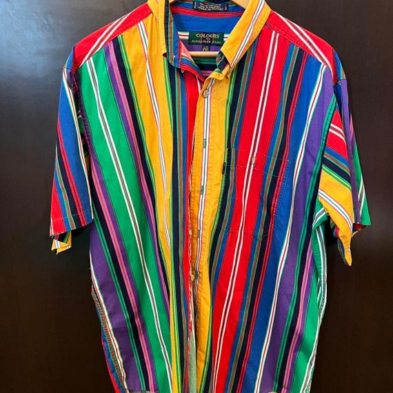 90s Mens Rainbow Striped Button - image 1