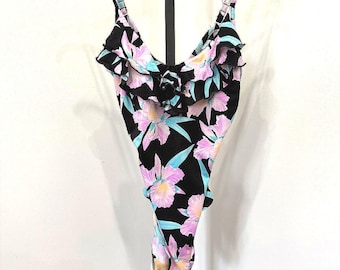 Traje de baño de una pieza Nicole Wise vintage de los años 80, talla 10, estampado floral con volantes.
