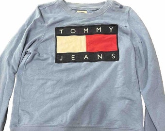Vintage Tommy Jeans Sweatshirt Mens Small Blue Long Sleeve Big Logo 90s Pullover