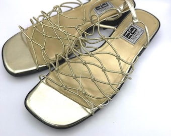 Vintage 90s Size 8 Gold Strappy Flat Sandals