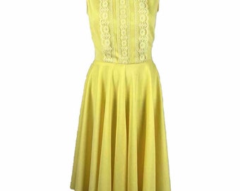 Vintage 70s Sheer Yellow  Sleeve Less Polyester Fit Flare Disco Dress Size XS