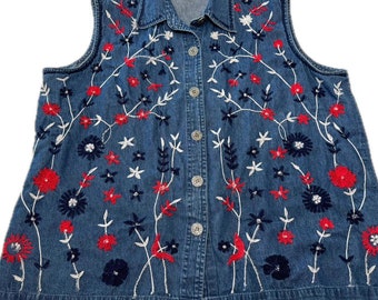 Grannycore Womens Denim Sleeveless Floral Print