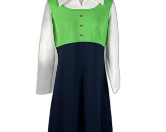 70s vintage green and blue collared dress with buttons